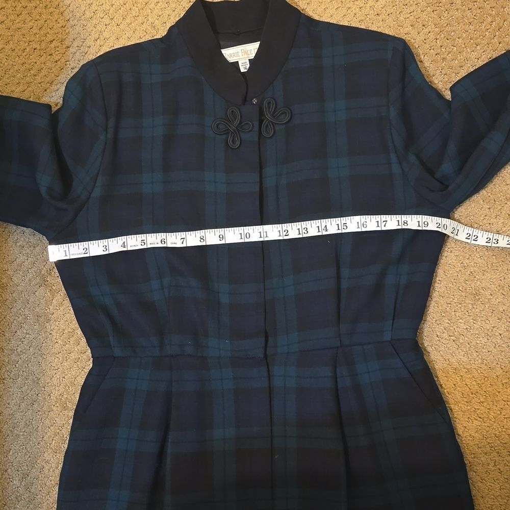 90's Barrie Pace Ltd Green Black Lined Fine Wool Dress w Pockets size 16 - Picture 4 of 11